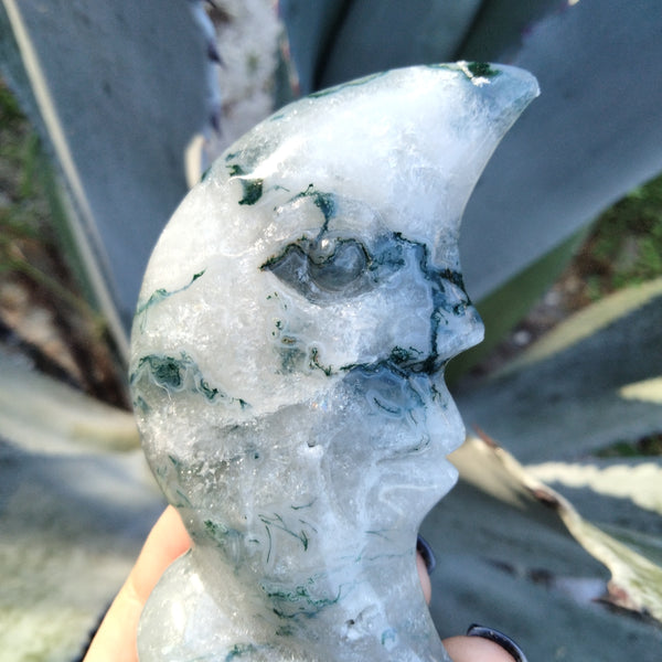 Moss Agate moon face carving