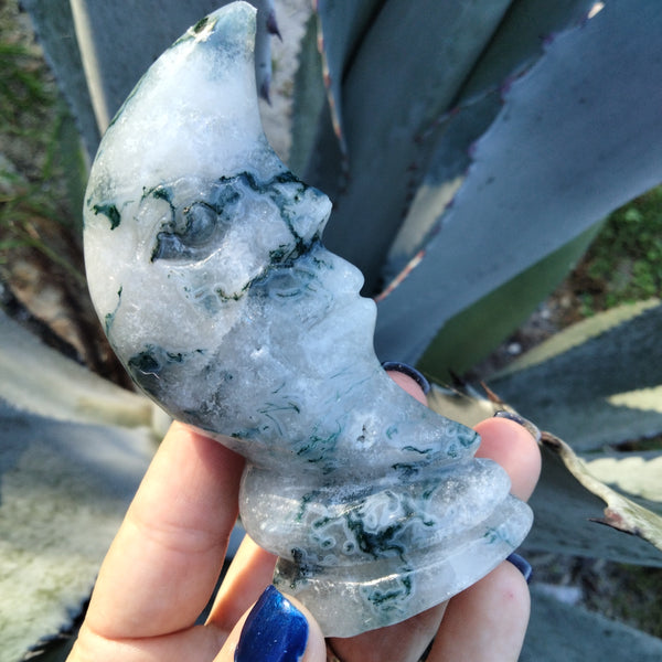 Moss Agate moon face carving