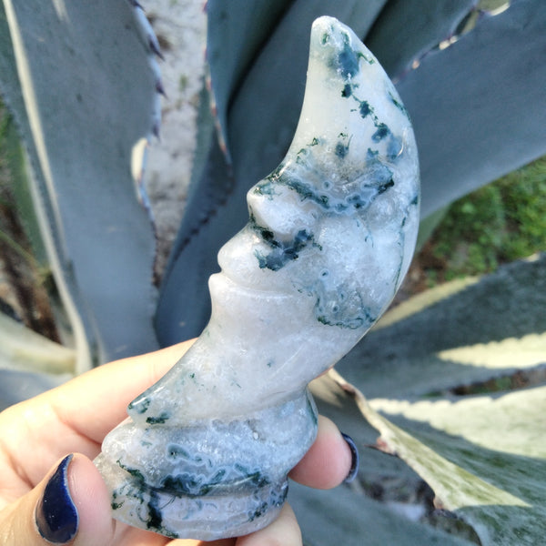 Moss Agate moon face carving