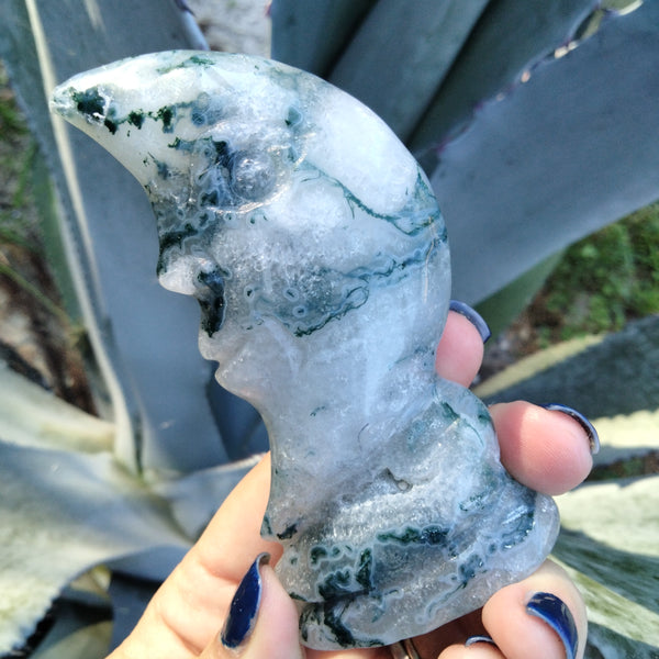 Moss Agate moon face carving