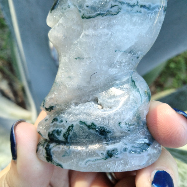 Moss Agate moon face carving