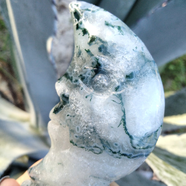 Moss Agate moon face carving