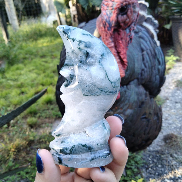 Moss Agate moon face carving