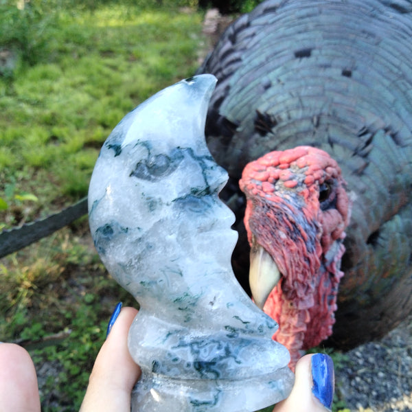 Moss Agate moon face carving