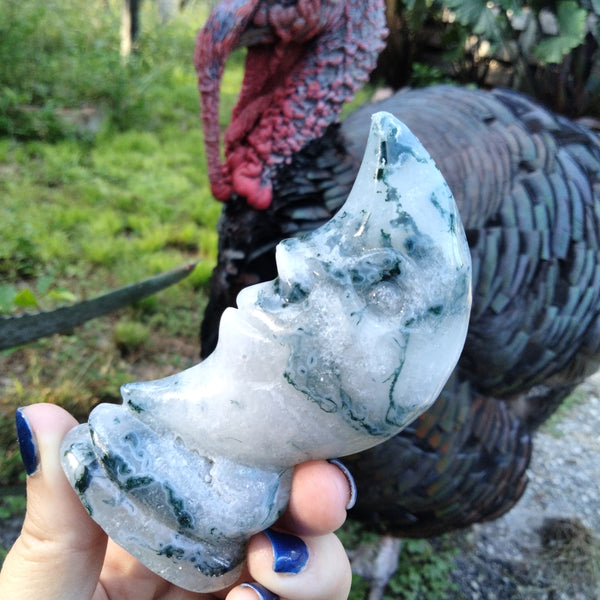 Moss Agate moon face carving