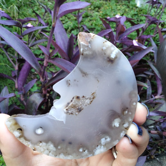 Moss Agate moon face carving