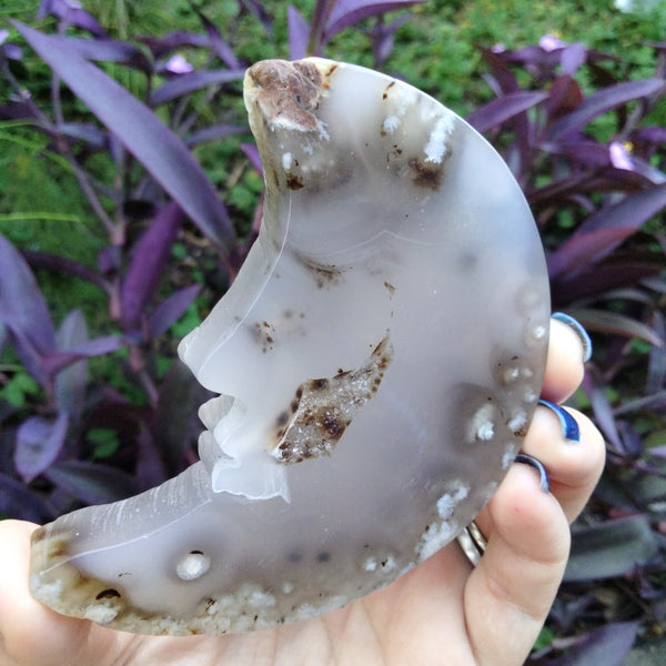 Moss Agate moon face carving