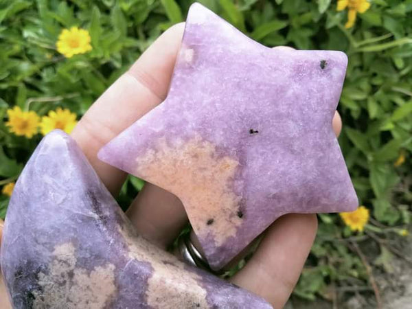 Lepidolite Star & Moon Crystal carving with infused pink tourmaline polished specimen