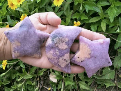 Lepidolite Star & Moon Crystal carving with infused pink tourmaline polished specimen