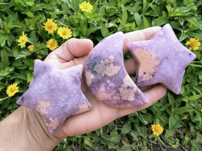 Lepidolite Star & Moon Crystal carving with infused pink tourmaline polished specimen