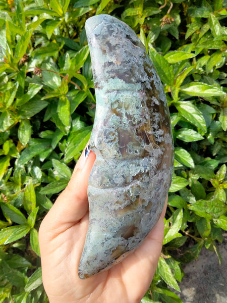 Moss Agate Moon Face Crystal carving