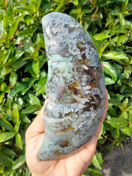 Moss Agate Moon Face Crystal carving