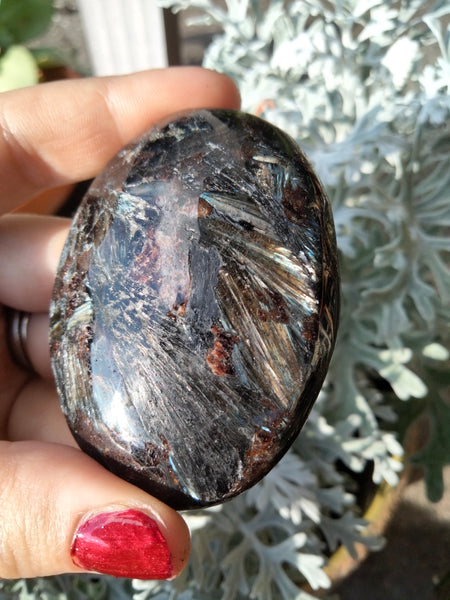 Astrophilite Palmstone Garnet inclusions with flash