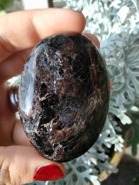 Astrophilite Palmstone Garnet inclusions with flash