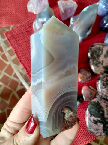 Banded Blue Agate Tower with cave druzy