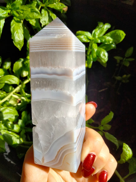 Banded White & Blue Laced Agate Tower with laddered Window Druzy