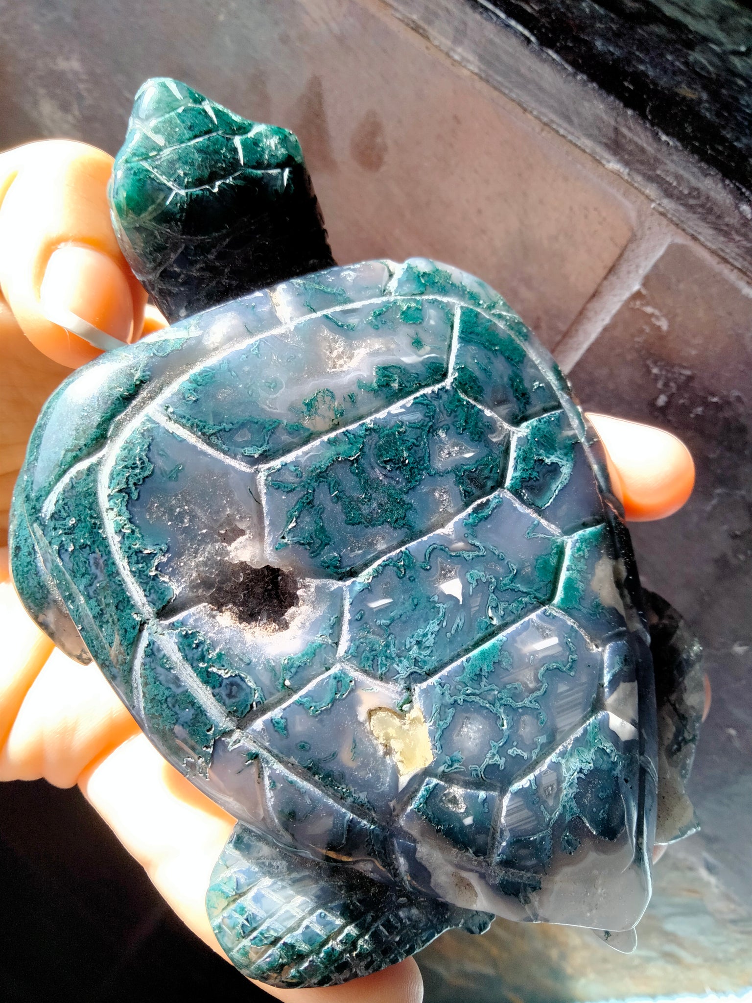 Moss Agate Crystal Sea Turtle Carving