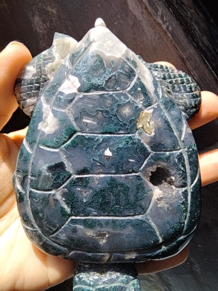 Moss Agate Crystal Sea Turtle Carving