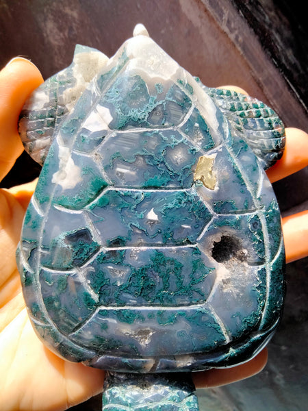 Moss Agate Crystal Sea Turtle Carving