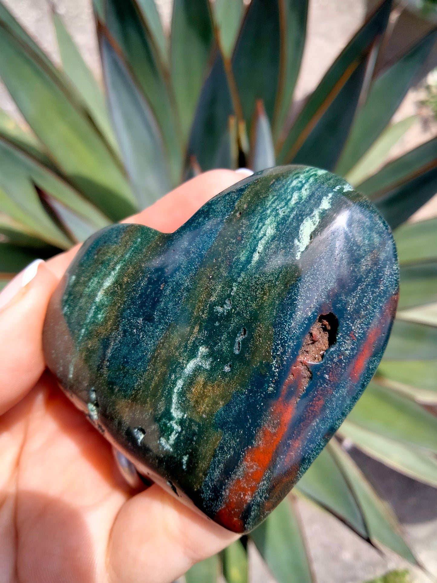 Moss Agate Crystal Heart Rare Red Jasper inclusion