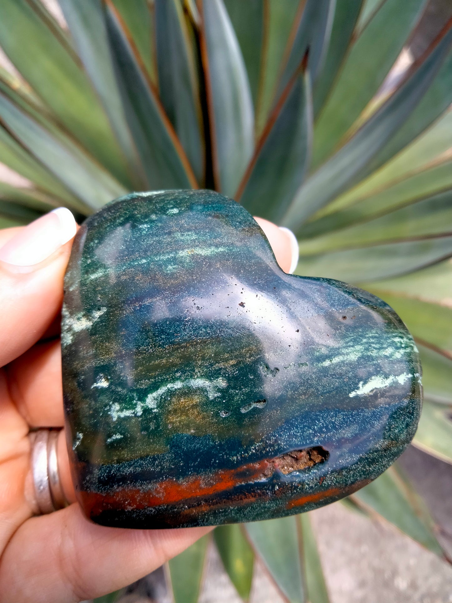 Moss Agate Crystal Heart Rare Red Jasper inclusion