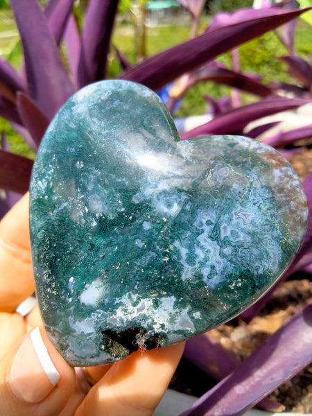 Moss Agate Crystal Heart with cave