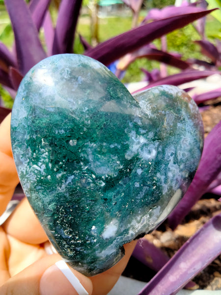 Moss Agate Crystal Heart with cave