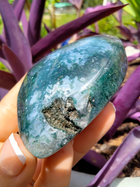 Moss Agate Crystal Heart with cave