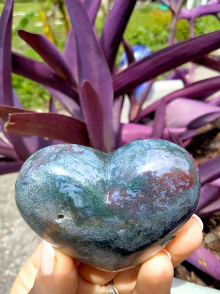 Moss Agate Crystal Heart with cave