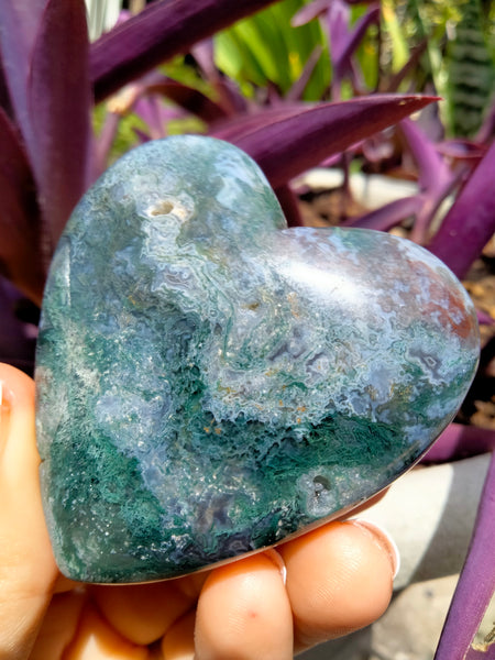 Moss Agate Crystal Heart with cave