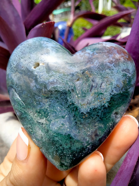 Moss Agate Crystal Heart with cave