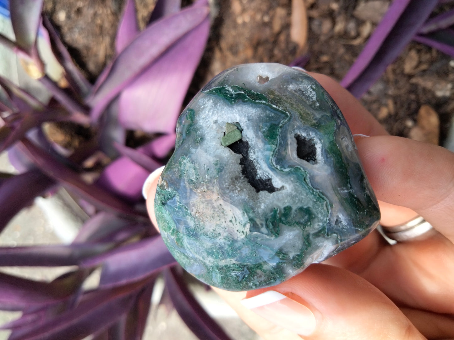 Moss Agate Crystal Heart with cave Druzy and key port