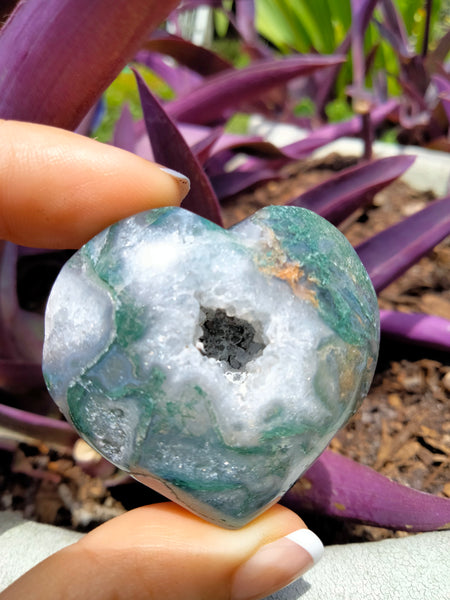 Moss Agate Crystal Heart with cave Druzy and key port