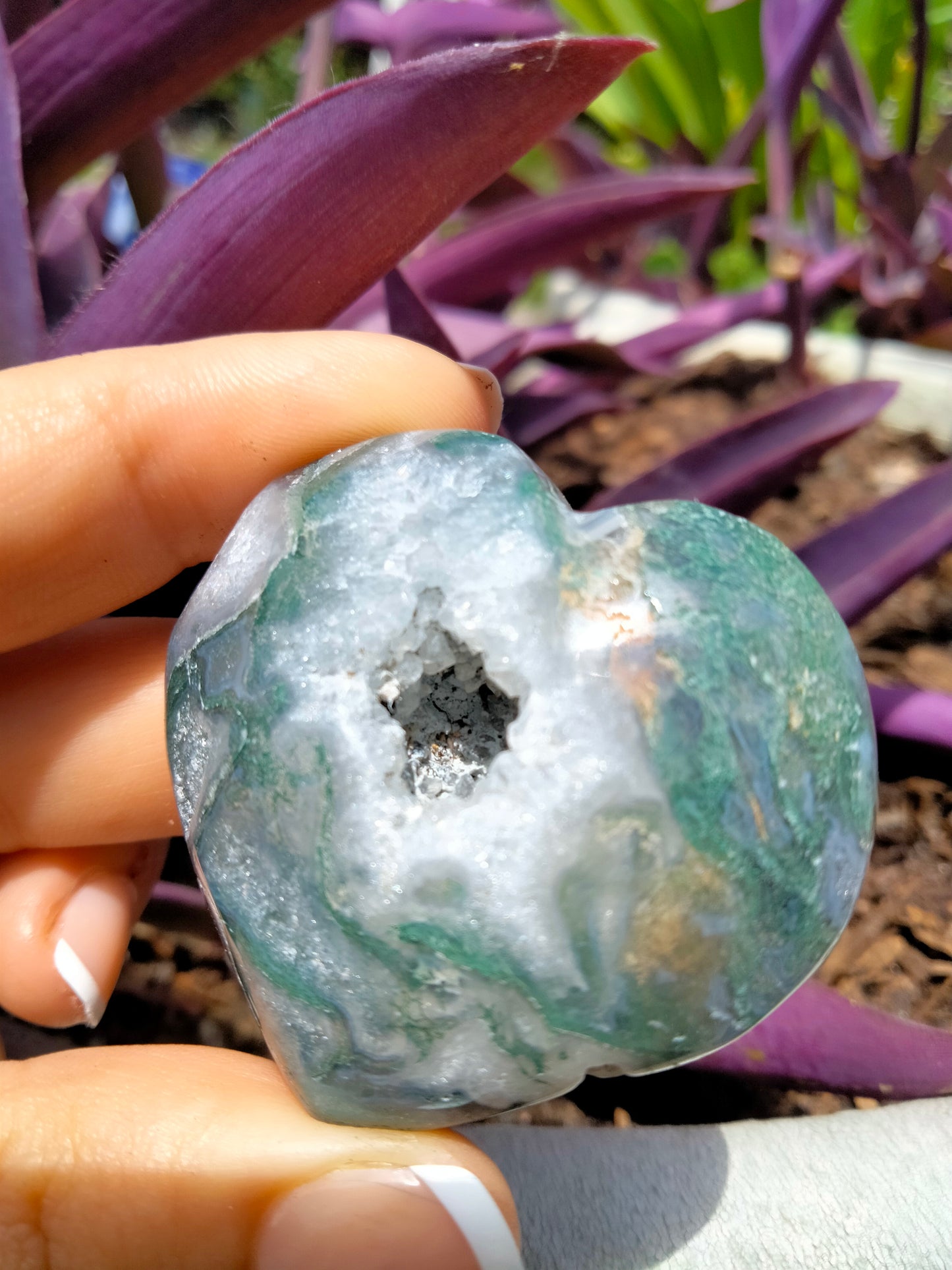 Moss Agate Crystal Heart with cave Druzy and key port