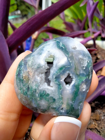 Moss Agate Crystal Heart with cave Druzy and key port