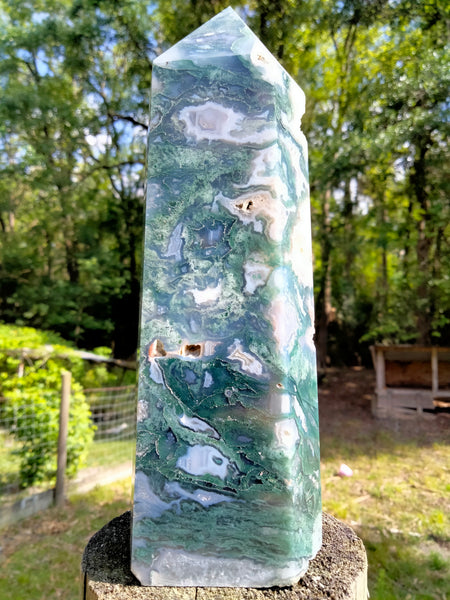 Moss Agate Tower with portal and cave Druzy