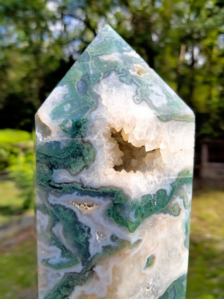 Moss Agate Tower with portal and cave Druzy