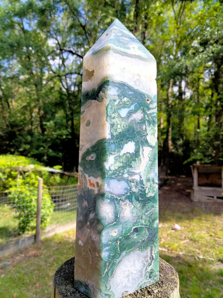 Moss Agate Tower with portal and cave Druzy