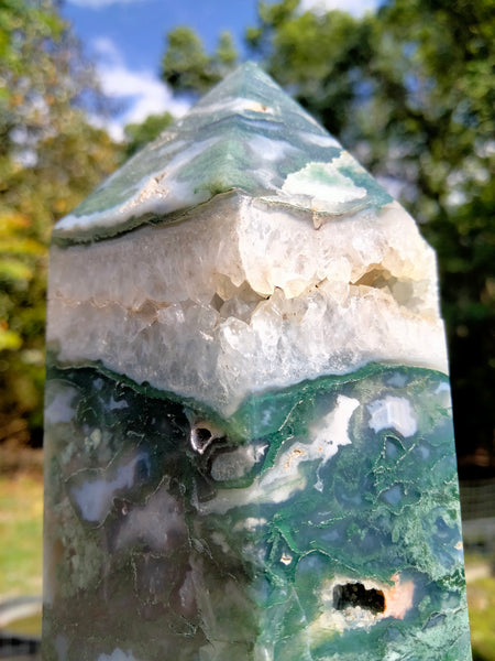 Moss Agate Tower with portal and cave Druzy