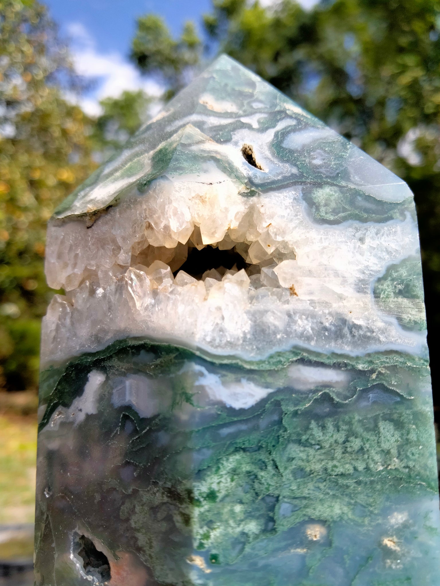 Moss Agate Tower with portal and cave Druzy