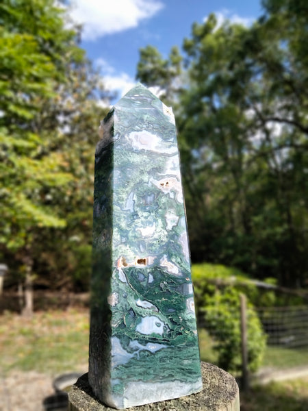 Moss Agate Tower with portal and cave Druzy