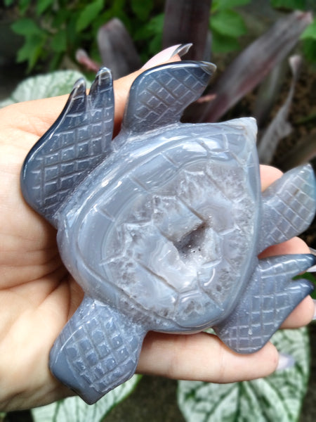 Agate with Quartz Druzy Sea Turtle carving