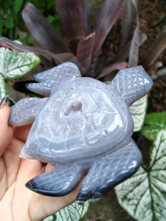 Agate with Quartz Druzy Sea Turtle carving