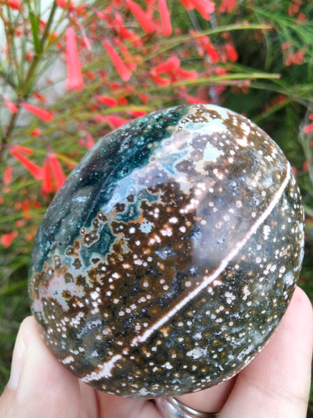 Ocean Jasper Crystal Palmstone blue brown with pools and a Ripple