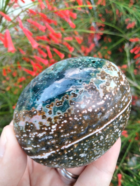 Ocean Jasper Crystal Palmstone blue brown with pools and a Ripple