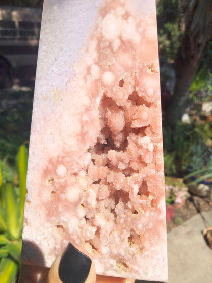 Pink amethyst tower with a druzy