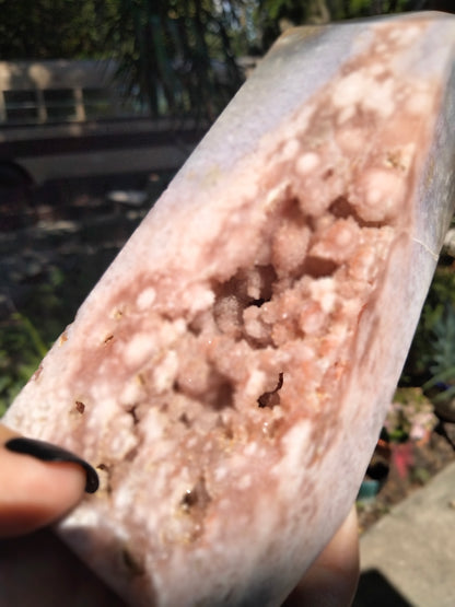 Pink amethyst tower with a druzy