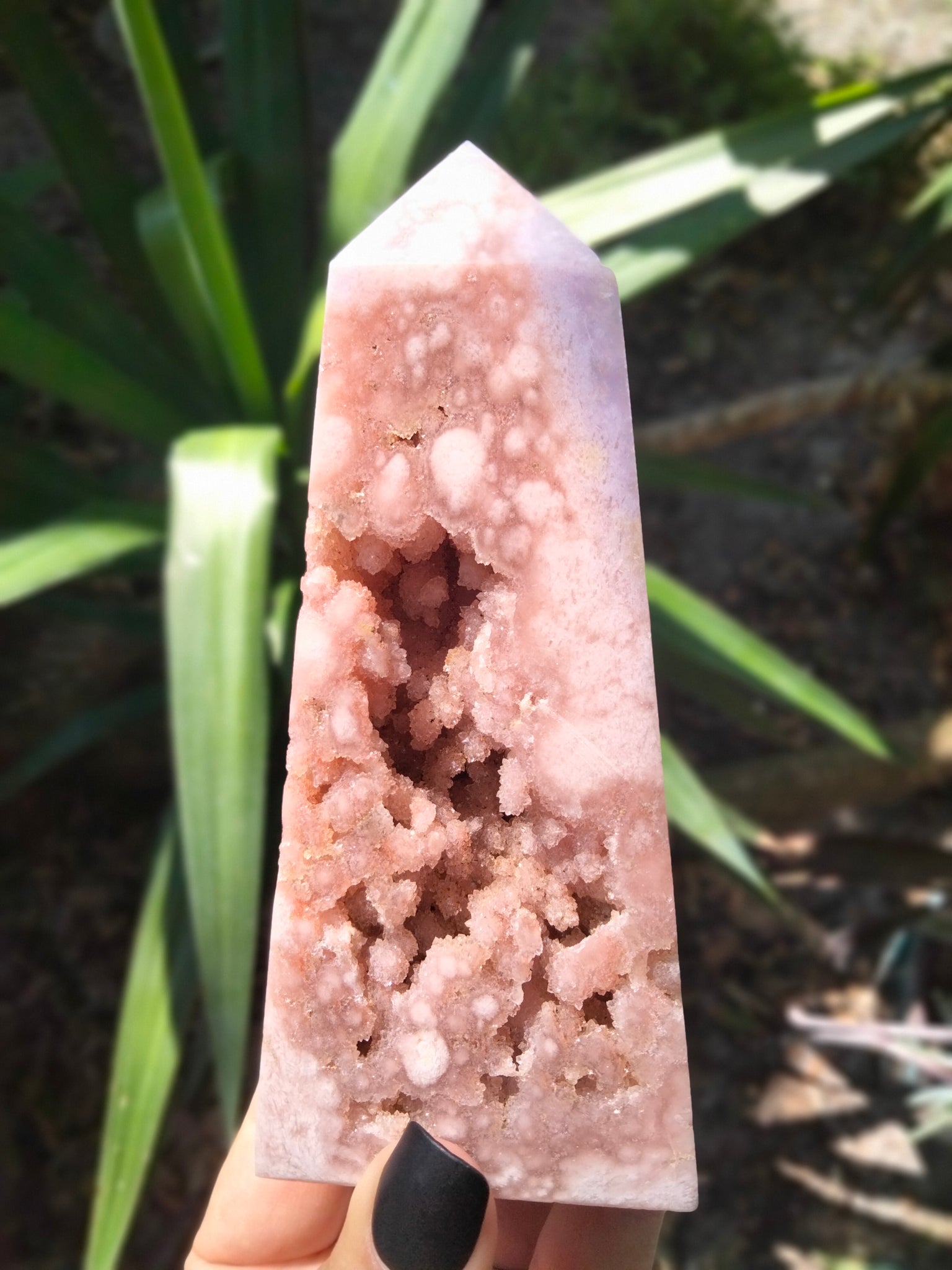 Pink amethyst tower with a druzy