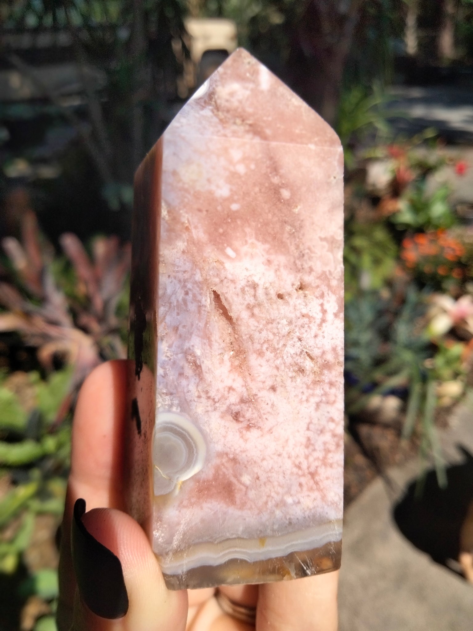 Pink amethyst tower with a druzy