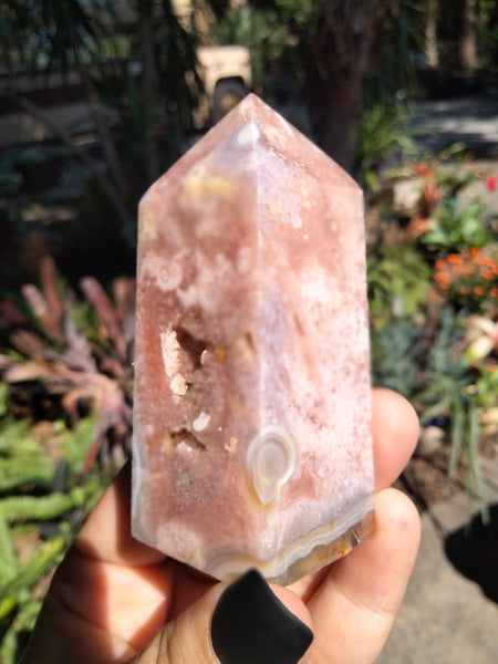 Pink amethyst tower with a druzy